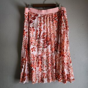 Coquette Floral Pleated Midi Twee Skirt XXL Pink Sheer Lined Romantic Pastel